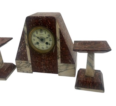 Fabulous French Art Deco red & white Marble Mantel Clock Set – ca1920 - Image 8