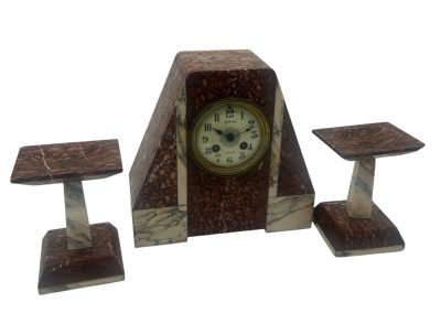 Fabulous French Art Deco red & white Marble Mantel Clock Set – ca1920 - Image 9