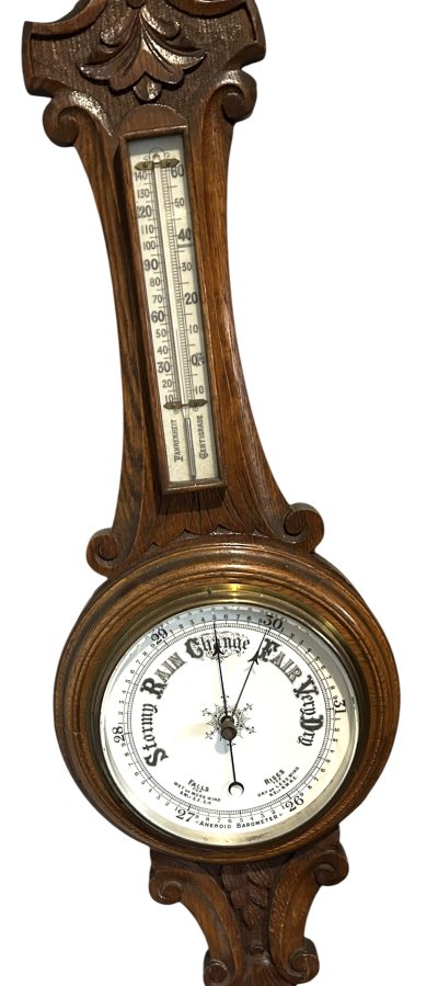 Antique Oak Banjo Barometer Thermometer -ca 1900 - Image 5