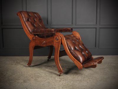 Mahogany & Buttoned Brown Leather Reclining Chair - Image 3