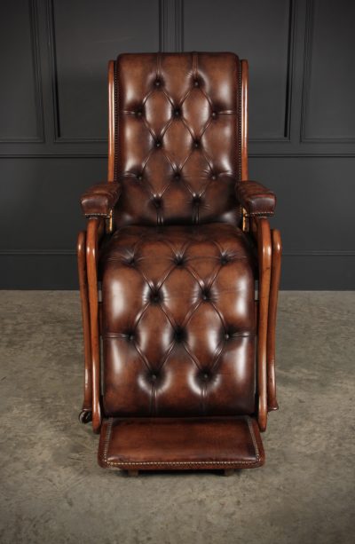 Mahogany & Buttoned Brown Leather Reclining Chair - Image 4