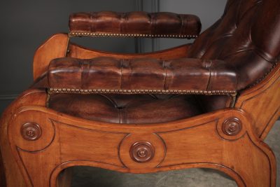 Mahogany & Buttoned Brown Leather Reclining Chair - Image 11