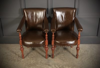 Pair of Victorian Mahogany & Leather Library Armchairs - Image 2